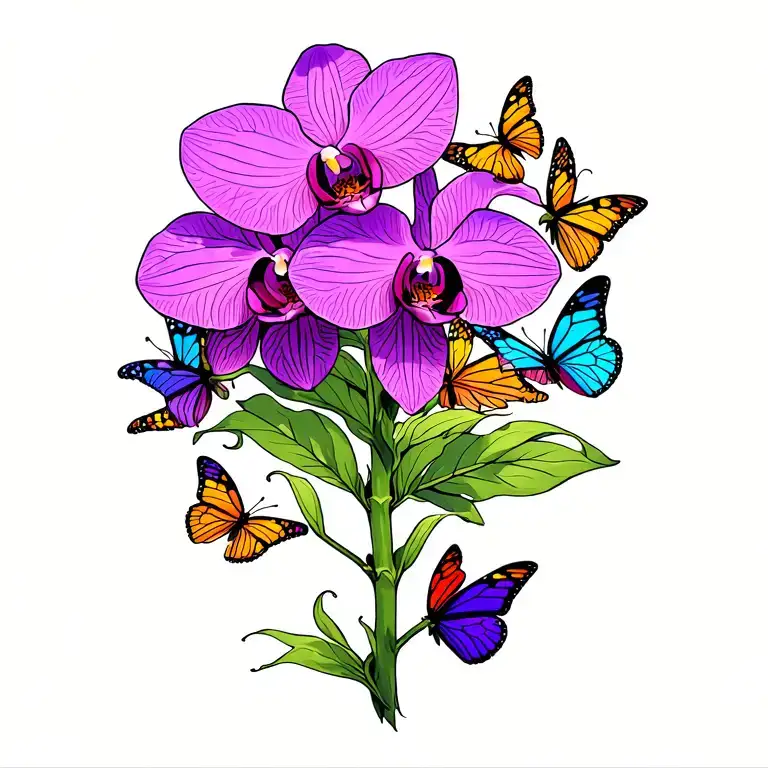 orchid with butterflies surrounding tattoo design idea