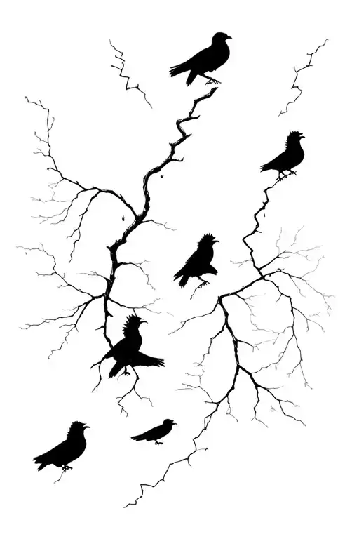 Minimalist black ink tattoo of a dark forest silhouette on forearm. Tall trees rendered as pure black outlines with negative space, no fill or shading. Three ravens in dynamic flight positioned throughout the composition, rendered with clean thin lines. Ravens have varied sizes and angles suggesting movement and freedom. Lightning bolts emerge from the forest base in bifurcating patterns, resembling neural networks or fractals. Lightning bolts have thin lines and connect to subtle nodes or anchor points around the composition. Overall aesthetic: minimalist noir, high contrast, very clean linework. No grey shading, no colors - pure black on white/skin. Atmospheric and magical but understated. Suitable for 12-14cm forearm placement. Professional tattoo quality with clear legibility. Consistent with minimalist fineline aesthetic. tattoo design idea