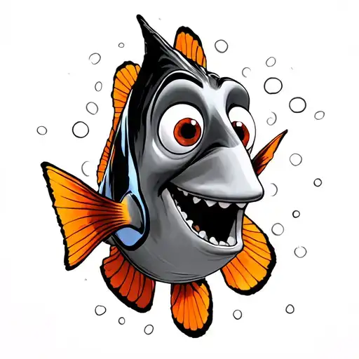 GREY SCALE IMAGE WITH SYMBOLS REPRESENTING MULTIPLE SCLEROSIS WITH A BRIGHTLY COLOURED DORY FROM THE MOVIE FINDING NEMO tattoo design idea