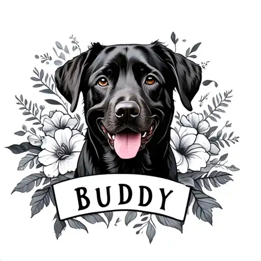 fine line floral black lab with the name Buddy tattoo design idea
