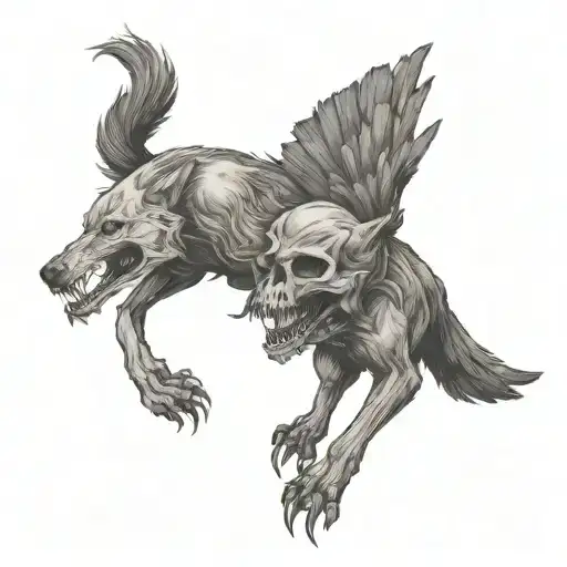 wolf fighting whit crow skull tattoo design idea