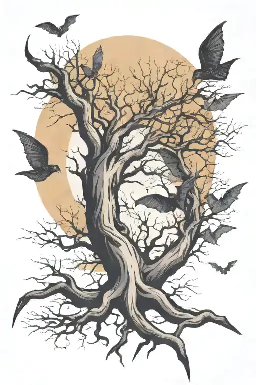 poison tree without leaves with bats above and really sharp and simple tattoo design idea