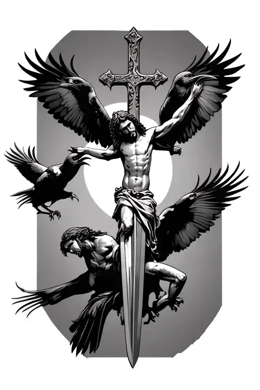 jesus on a sword cross, with crows perched and flying with claws no background tattoo design idea
