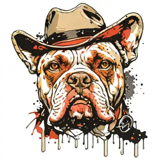 tan American bulldog wearing a cowboy hat tattoo design idea