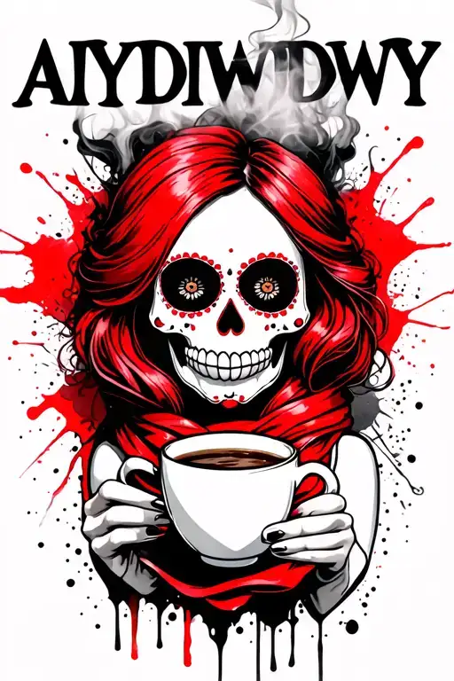 "AIYDIWDWY" sugar skull with red hair wearing a hair scarf holding a steaming cup of coffee tattoo design idea