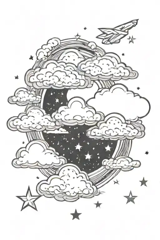 Clouds for a background with stars surrounding it with "Stephanie" over the clouds tattoo design idea