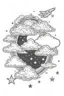 Clouds for a background with stars surrounding it with "Stephanie" over the clouds tattoo design idea