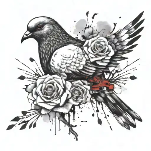 pigeon carrying a black and white rose tattoo design idea