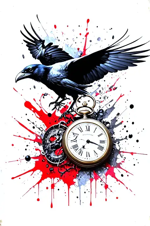 flying raven and collapsing pocket watches tattoo design idea