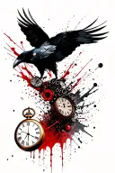 flying raven and collapsing pocket watches tattoo design idea