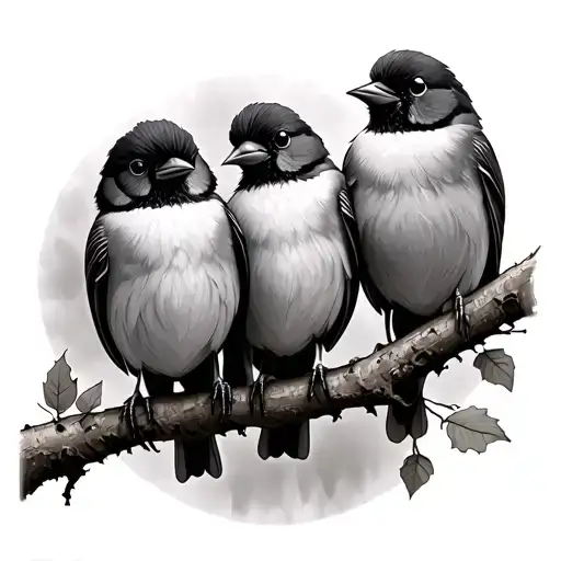 3 little birds on birch tree branch in autumn setting tattoo design idea