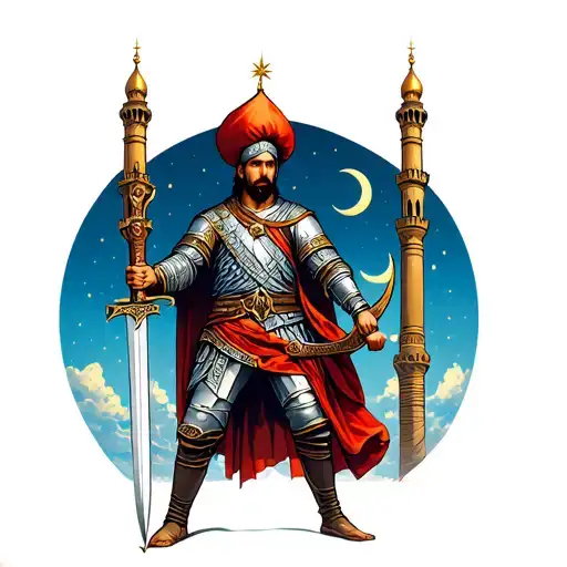 an ottoman warrior holding a sword and behind him a mosque with a star and a moon crescent in the sky  tattoo design idea