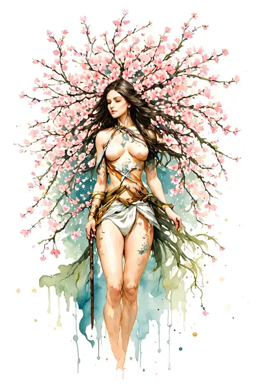 cherry blossoms longer vine with small flowers intertwined around strong woman warrior full body  tattoo design idea