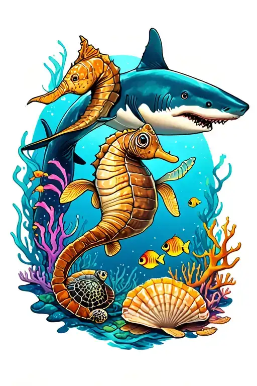 shark, whale, sea horse, sea turtle, coral reef, some sea shells, random fish,  tattoo design idea