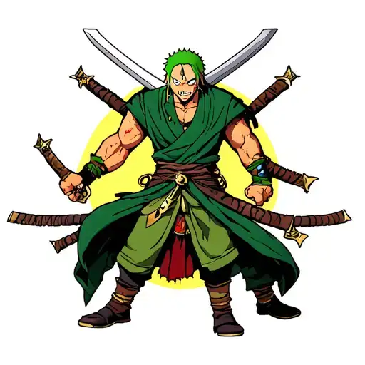 zoro one piece with 3 swords  tattoo design idea