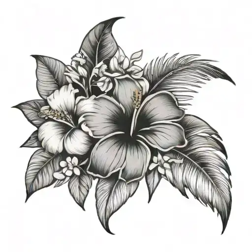 capital r with lilacs and hibiscus and mangoes and palm trees  tattoo design idea