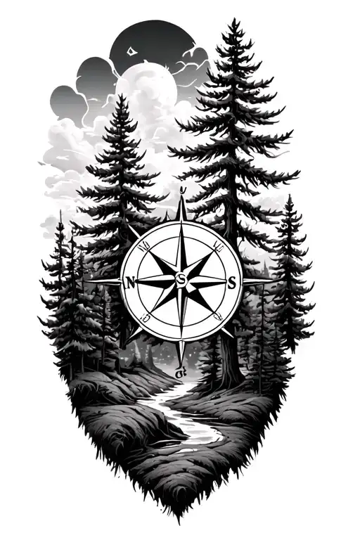pine trees, nature scene, compass rose tattoo design idea
