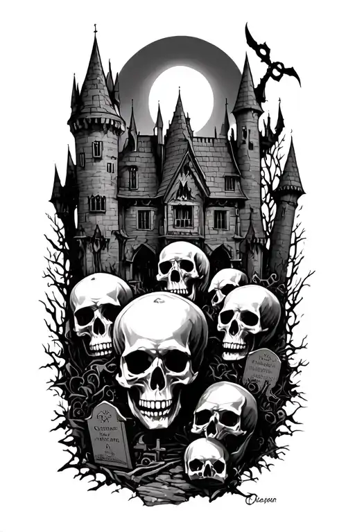 goth castle, skulls, cemetery scene tattoo design idea