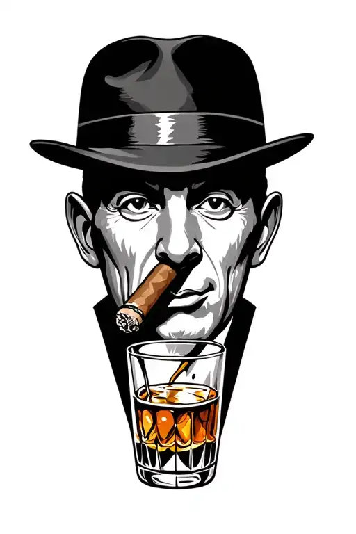 Goose smoking cigar and drinking whiskey glass w/ my way Frank Sinatra lyrics tattoo design idea