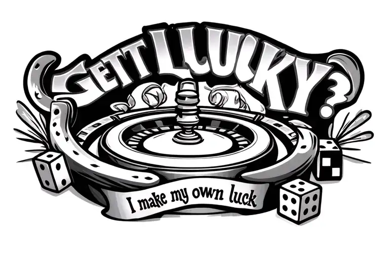 "Get lucky? I make my own luck." roulette wheel and a horse shoe and a slot machine and 2 dice  tattoo design idea