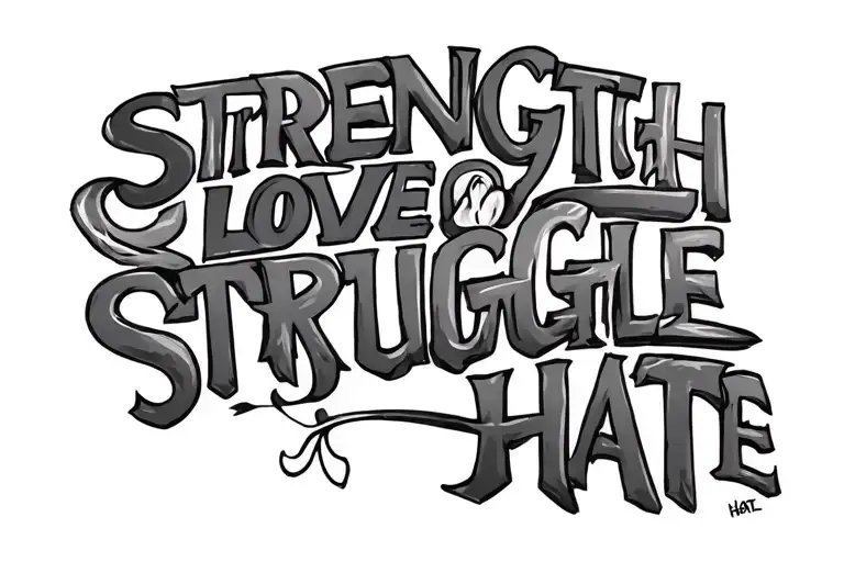 infitinty symbol made up of the words "strength" "love" "struggle" "hate" tattoo design idea