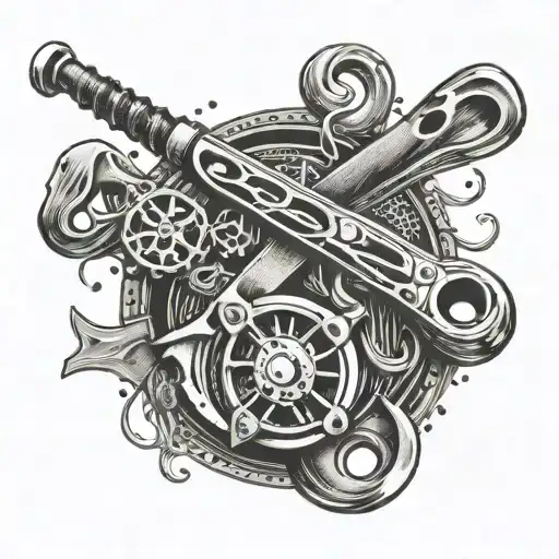An intricate tattoo design of a fishing rod and a wrench crossed together to symbolize the client's passion for hunting/fishing and working as an electrician tattoo design idea