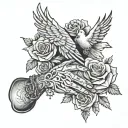 praying hand with doves and roses and rosary wrapped tattoo design idea