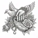 praying hand with doves and roses and rosary wrapped tattoo design idea