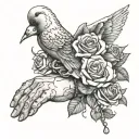 praying hand with doves and roses and rosary wrapped tattoo design idea
