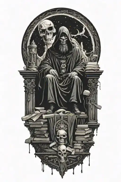 A dark robed figure sitting on a throne of books and skull. Full moon above. Bats flying. tattoo design idea