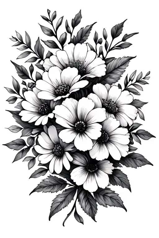 Create a spine tattoo featuring the birth flower bouquet of March, August, September, and December  tattoo design idea