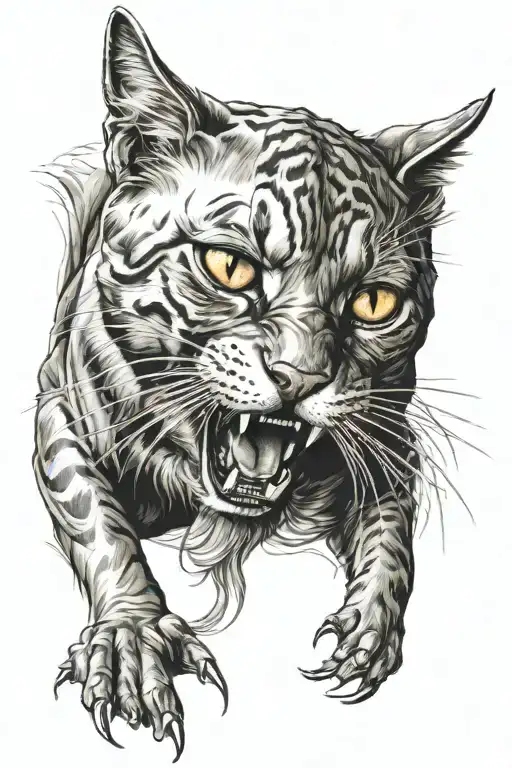Cat mad almost biting prey it Is dangerous looking only head and neck visible tattoo design idea