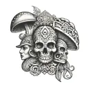 Mayan and Aztec patterns representing love, universe and mushrooms tattoo design idea