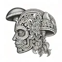 Mayan and Aztec patterns representing love, universe and mushrooms tattoo design idea