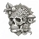 Mayan and Aztec patterns representing love, universe and mushrooms tattoo design idea