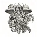 Mayan and Aztec patterns representing love, universe and mushrooms tattoo design idea