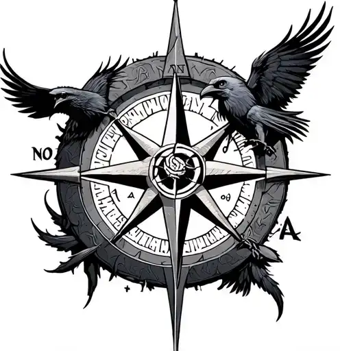 Fenrir Jormungand and Odins Ravens around a Viking Compass tattoo design idea