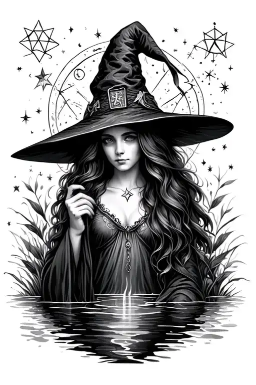 full sleeve, witch, stars, pentagramm, astrologic vibe, nature, water tattoo design idea