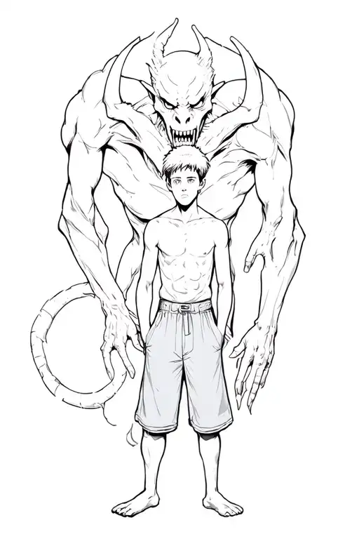a boy standing with a scary demon towering behind and wrapped around him tattoo design idea