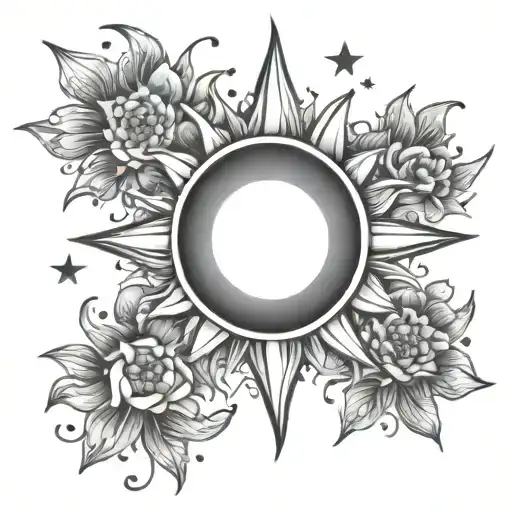 sun above moon, mystical, flowers, stars tattoo design idea