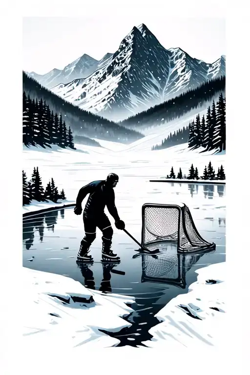 frozen pond with mountains in the back, on the pond is a man with icehockey skates and a goal tattoo design idea