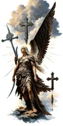age of discovery, norse Valkyrie, clouds, rays, a cross,  tattoo design idea