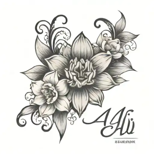 Ali Ehsan name tattoo with Narcissus and heartbeat tattoo design idea