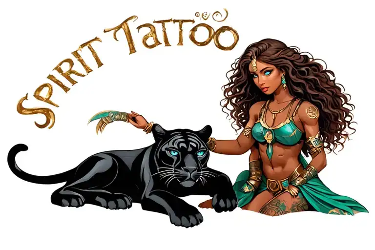 female warrior with long brown curly hair, brown skin and blue eyes petting a black panther like it is her spirit guide tattoo design idea