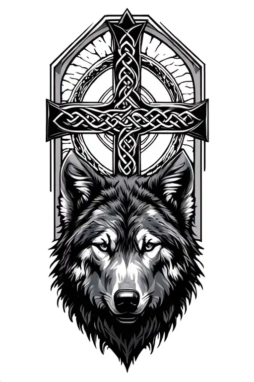 A metallic wolf within a celtic cross that leads down into a tree with a mountain, sasquatch, and bear tattoo design idea