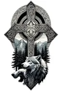 A metallic wolf within a celtic cross that leads down into a tree with a mountain, sasquatch, and bear tattoo design idea