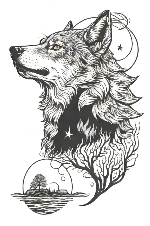 Portrait of a wolf howling at the moon, below a forest, a river, a rook with Vikings tattoo design idea