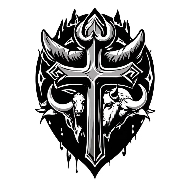 cross with Romani symbol behind it and a bull's head on the side of the cross tattoo design idea