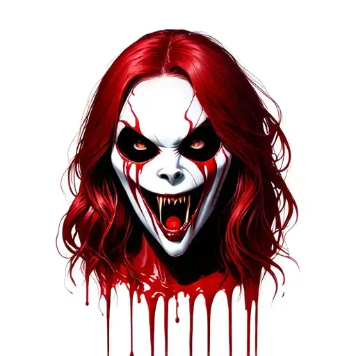 alien face wearing vampire mask, female vampire has red hair fangs blood dripping down mouth tattoo design idea