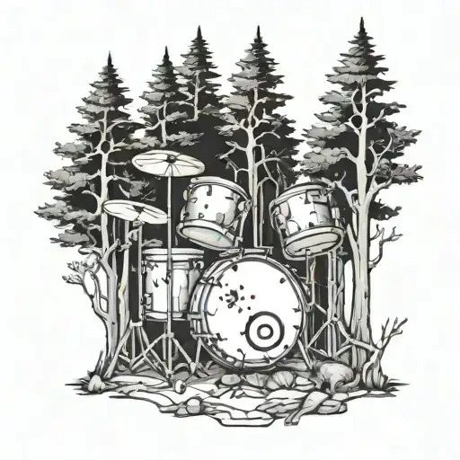 Incorporate a drum set into a forest scene, with trees and animals playing the drums as well tattoo design idea